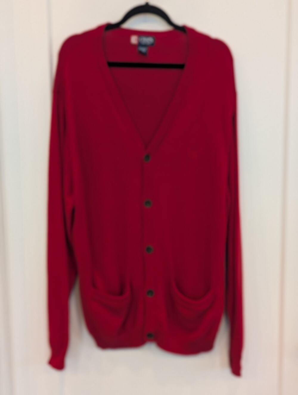 Chaps Red Cotton Cardigan Sweater XL V-Neck Button Front Pockets Logo Preppy